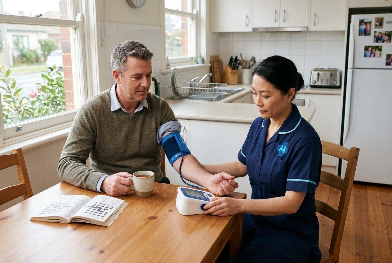 A nurse taking a man's blood pressure at his kitchen table during a home visit