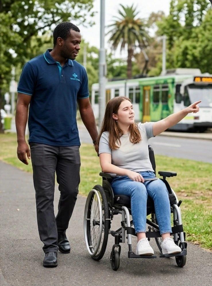 A young woman in a wheelchair pointing something out to her support worker on a tree-lined street, with a tram passing behind
